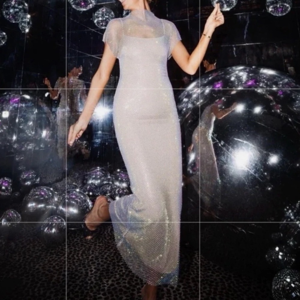 Zara Rhinestone Mesh Maxi Dress Silver Sheer Fishnet Cap Sleeve
